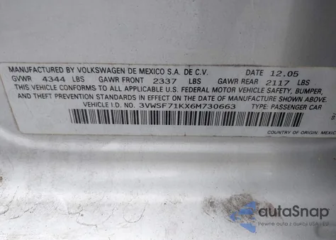 2006 Volkswagen Jetta 2.5 from USA, damaged, VIN 3VWSF71KX6M730663